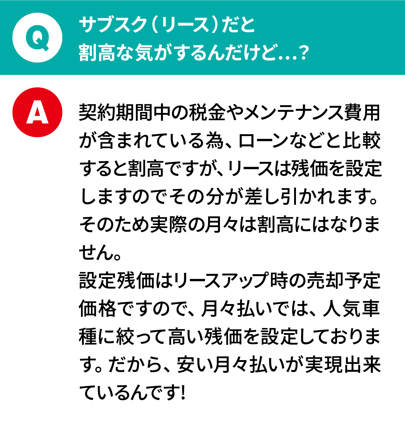 質問：サブスク（リース）だと割高な気がするんだけど…？ 回答：契約期間中の税金やメンテナンス費用が含まれている為、ローンなどと比較すると割高ですが、リースは残価を設定しますのでその分が差し引かれます。そのため実際の月々は割高にはなりません。設定残価はリースアップ時の売却予定価格ですので、月々払いでは、人気車種に絞って高い残価を設定しております。だから、安い月々払いが実現出来ているんです!