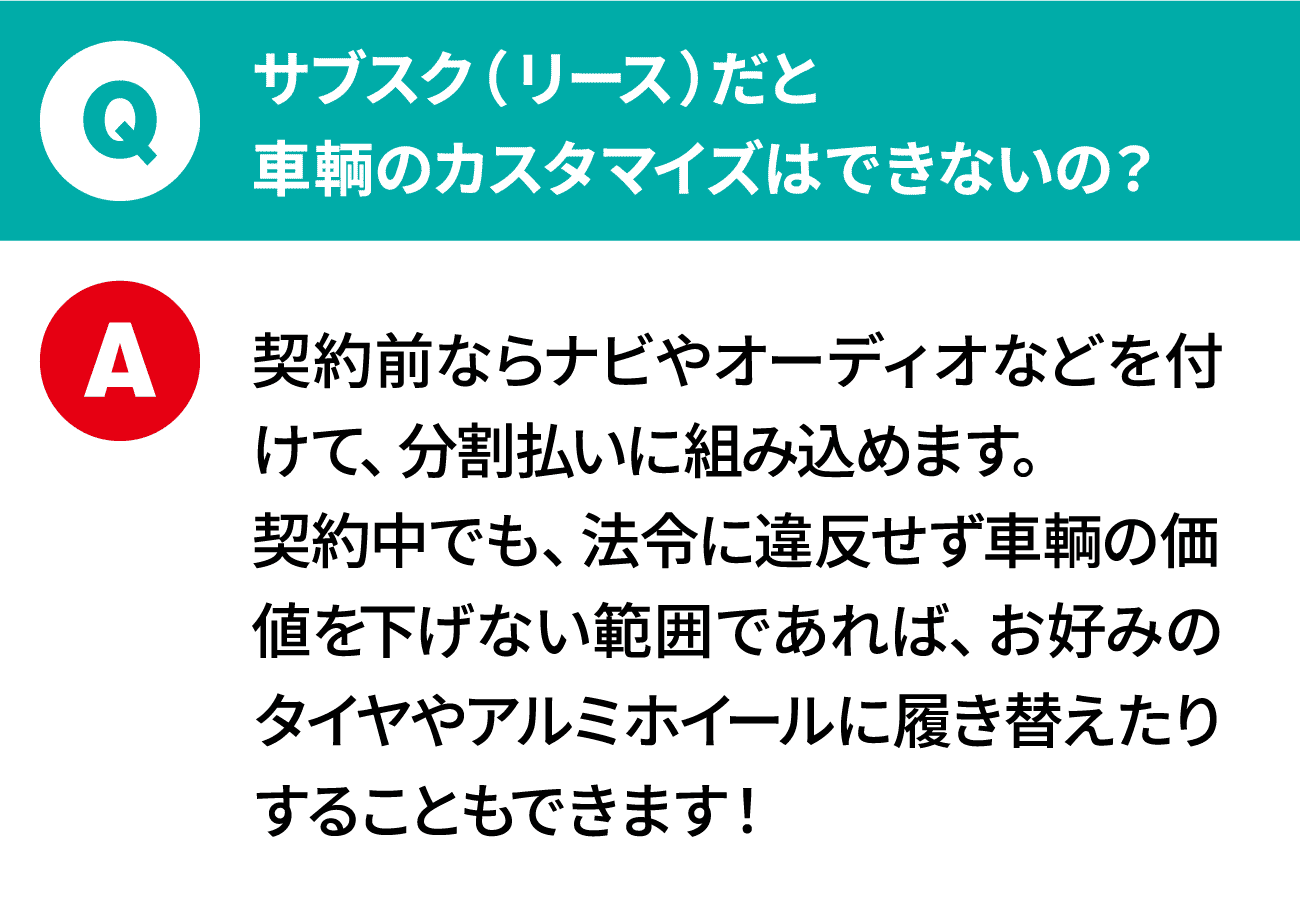 質問：サブスク（リース）だと車輌のカスタマイズはできないの？ 回答：契約前ならナビやオーディオなどを付けて、分割払いに組み込めます。契約中でも、法令に違反せず車輌の価値を下げない範囲であれば、お好みのタイヤやアルミホイールに履き替えたりすることもできます！